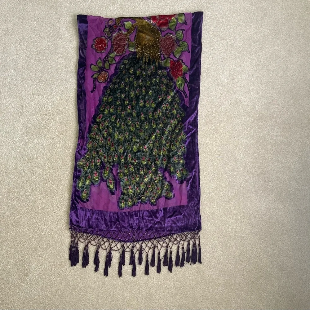 Peacock Velvet Silk Blend Burnout Wrap Scarf Shawl - beaded vintage purple - Picture 5 of 15